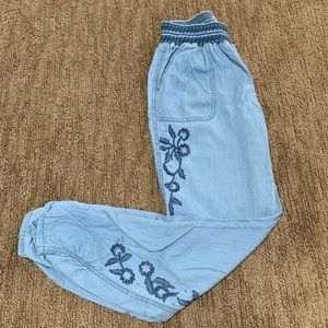 Flower embroidered faux denim joggers